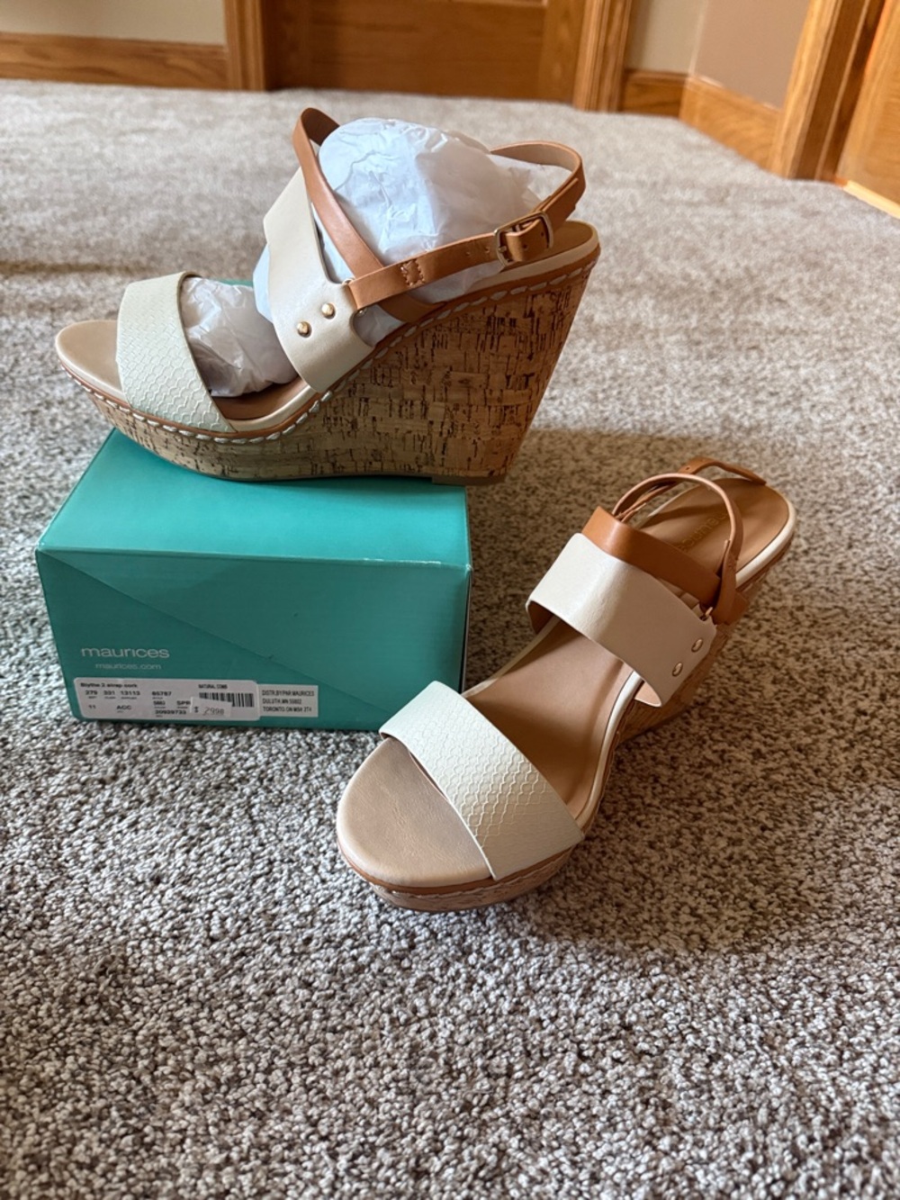 Maurices Cream and Tan Cork Wedge Sandals with Ankle Strap. New in box